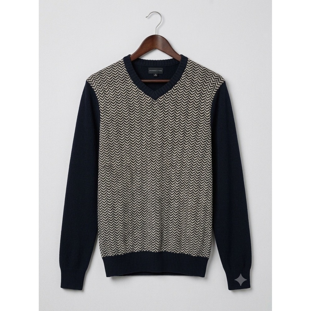 Geoffrey Beene Mens V-Neck Sweater Navy Blue Chevron Zigzag Knit Medium